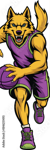 Dynamic fierce wolf anthropomorphic character playing basketball in a colorful sports uniform during an energetic game, detailed illustration capturing motion, strength, agility, modern comic style, v