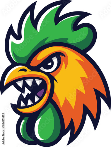 Vibrant, fierce rooster mascot illustration showcasing aggressive attitude in bold modern style suitable for branding, sports teams, gaming logos, creative marketing, merchandise, energetic designs, d