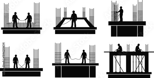 Silhouettes of construction workers reinforcing concrete structures with rebar Keywords: construction worker, builder