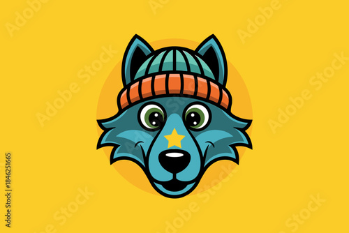 Cute cartoon wolf wearing a colorful striped knit beanie hat with a star on its nose, playful mischievous expression, vibrant yellow background, modern illustration style, appealing to children and an