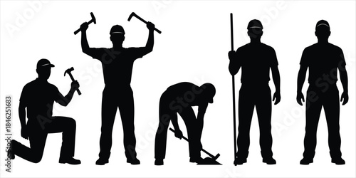 Silhouettes of construction workers with tools including hammers and a shovel Keywords: construction worker, builder, laborer
