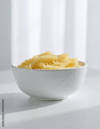 Minimalist pasta bowl on wooden stand in soft sunlight. 
