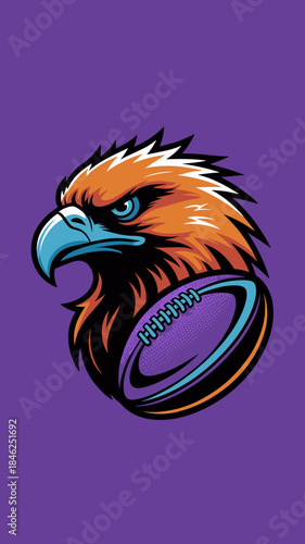 Dynamic cartoon eagle head mascot illustration with intense blue eyes and fierce expression combined with a purple rugby ball on vibrant purple background, suitable for sports team branding, merchandi