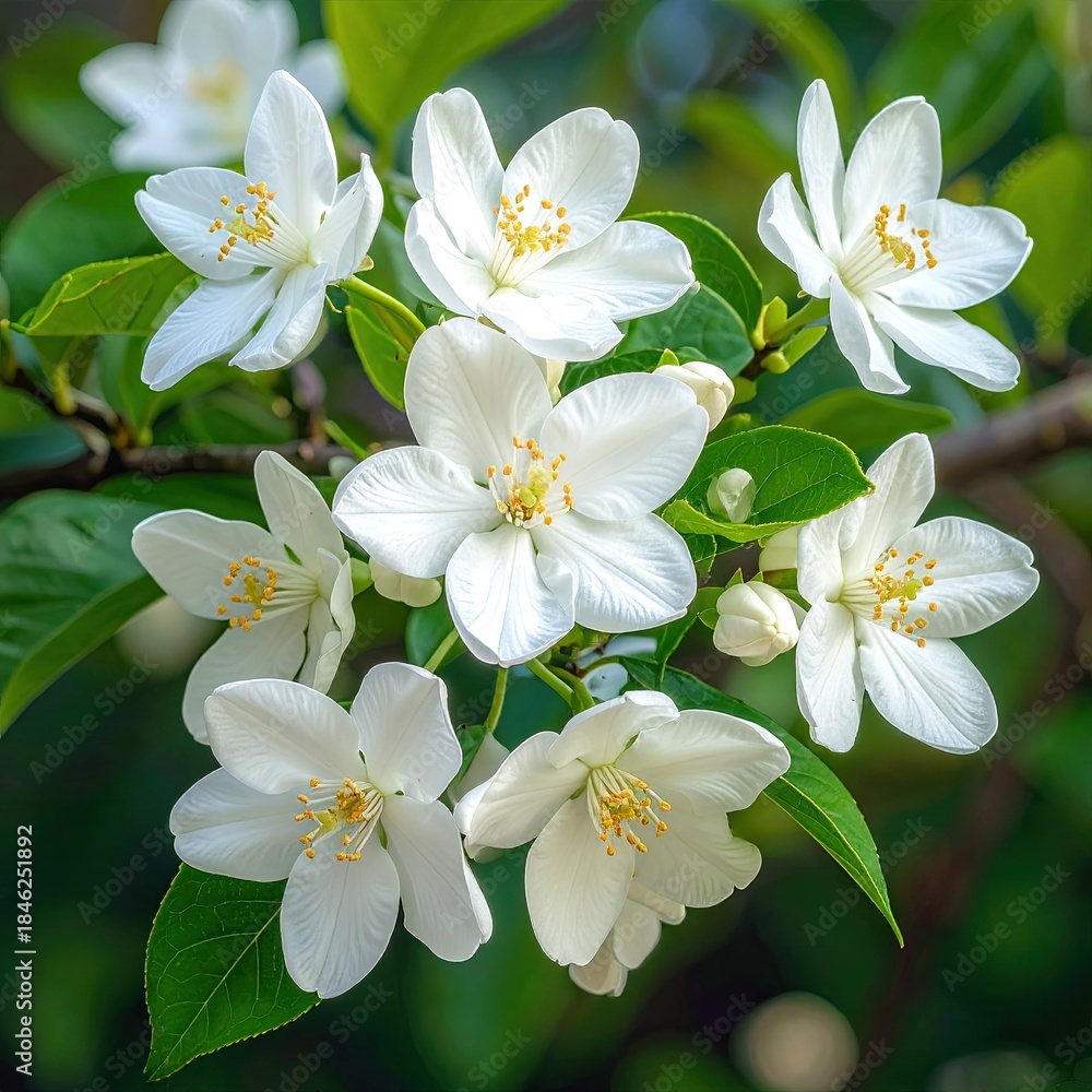 Fototapeta premium Delicate white blossoms on a vibrant green branch