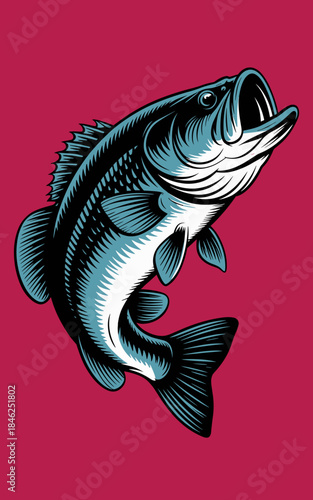 Colorful digital illustration of a competitive largemouth bass fish with detailed scales and fins, jumping out of water on vibrant pink background, perfect for fish hunting, fishing equipment, sport f