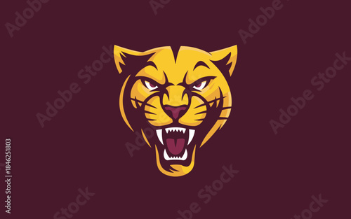 Powerful roaring tiger mascot logo design with aggressive expression in vibrant yellow and black colors, modern vector illustration for sports teams branding, esports competitions, wildlife conservati