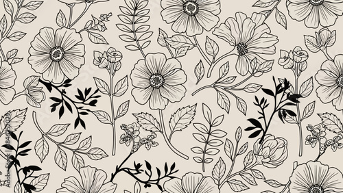 Elegant Floral Art Pattern with Flowers and Leaves on Beige Background