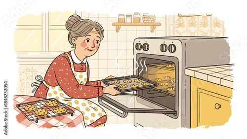 Grandmother Baking Homemade Cookies in Cozy Kitchen Illustration