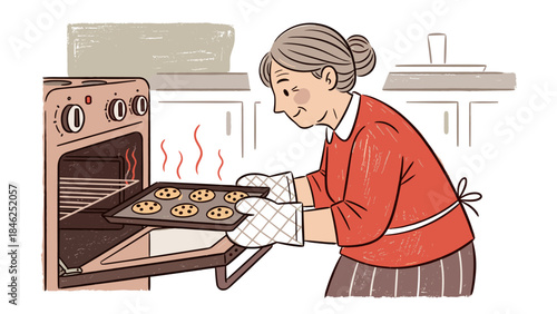 Elderly Woman Taking Freshly Baked Cookies Out of Oven in Home Kitchen Hand-Drawn Illustration