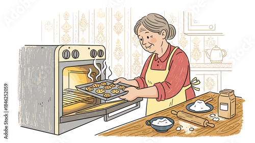 Grandmother Baking Homemade Cookies in Kitchen Oven Hand-Drawn Illustration