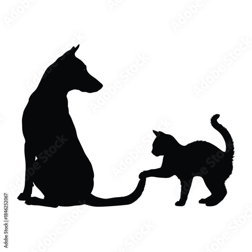 Black silhouette illustration of a dog and cat interacting playfully on white background