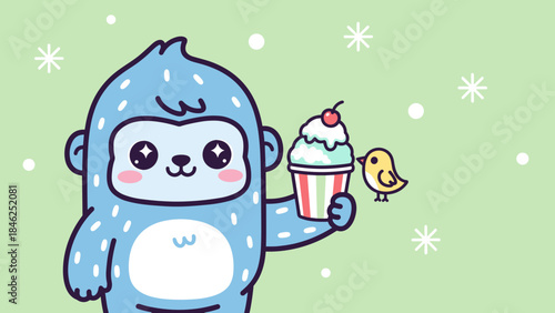 Cute Yeti Holding Ice Cream Sundae with Bird on Green Background, Cartoon Vector Illustration