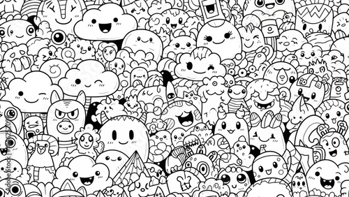Seamless Pattern of Cute Cartoon Doodle Monsters and Clouds, Black and White Hand-Drawn Art