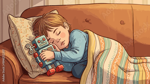 Young Boy Sleeping Peacefully on Sofa Hugging Robot Toy Illustration