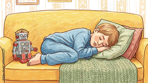 Boy Sleeping Peacefully on Yellow Sofa with Robot Toy, Hand-drawn Illustration