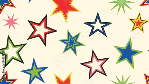 Seamless Pattern of Colorful Retro Stars on a Cream Background Vector Illustration