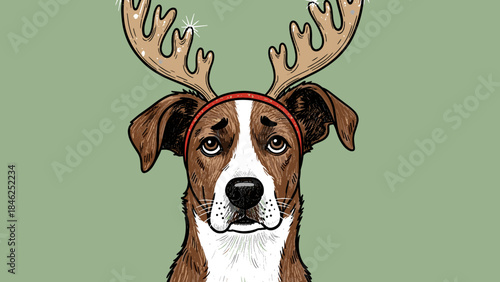 Melancholic Dog Wearing Reindeer Antlers Headband on Green Background Illustration