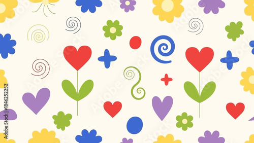 Cheerful Abstract Doodles and Flowers Pattern on Creamy Background