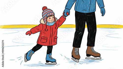 Ice Skating Little Girl Learning with Adult Holding Hands on Rink Illustration