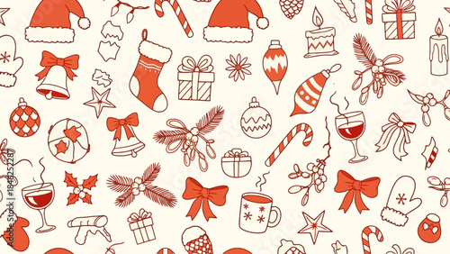 Festive Christmas Doodle Pattern Seamless Background with Ornaments, Gifts, and Santa Hats