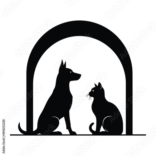 Black silhouette illustration of a dog and cat sitting under an arch