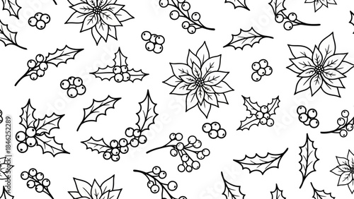 Seamless Pattern of Festive Holly Berries and Poinsettia Flowers, Winter Holiday Background