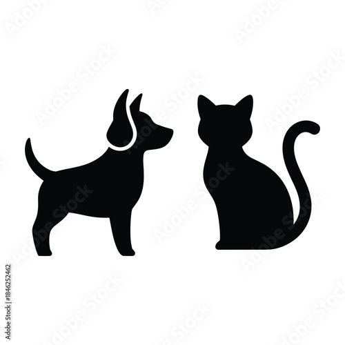 Simple black silhouettes of a dog and a cat facing each other on a white background