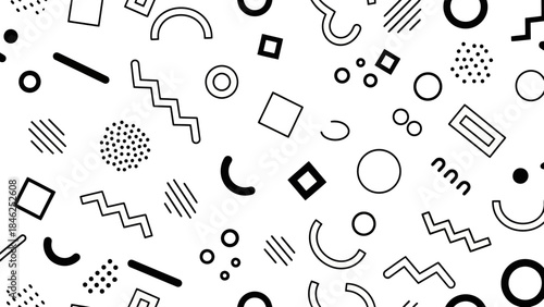 Abstract Memphis Style Geometric Shapes Pattern on White Background Vector Illustration
