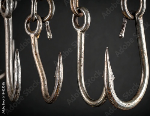 Close-up view of steel hooks hanging in front of a dark backdrop