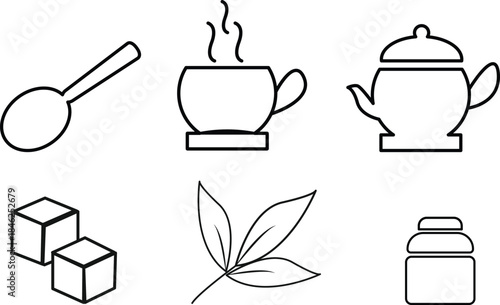 Vector icon set of gardening tools coffee cups and kitchen utensils for cafe and kitchen design