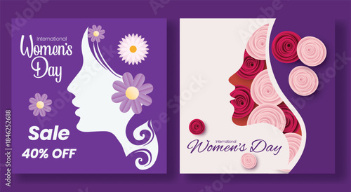 International Women’s Day 8 March  social media and Instagram posts pack, square flyer poster design, floral vector background, female silhouette illustration for promotional advertisements