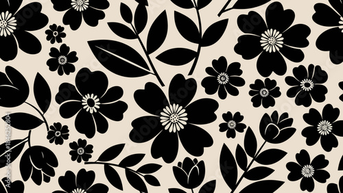 Black and White Floral Pattern Vector Illustration with Leaves and Buds on Beige Background