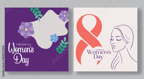 8 March Women’s Day celebration social media posts, square flyer poster templates, web banner vector illustration, female face silhouette design for women’s day ads design