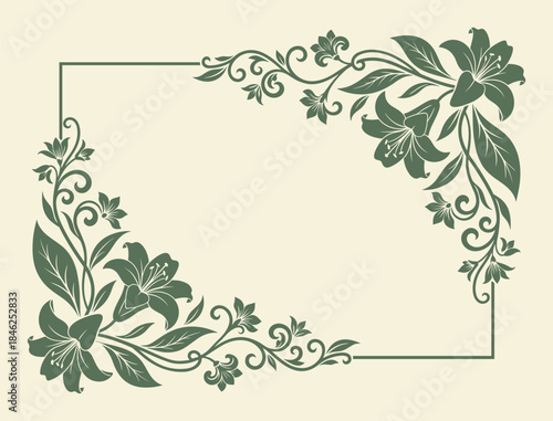 Elegant Sage Green Floral Frame with Lilies and Scrolls on Beige Background