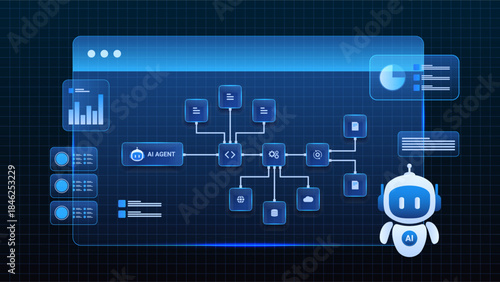 AI workflow automation artificial intelligence. ai agent system dashboard illustration with data workflows, cloud integration, data analytics and intelligent system architecture.