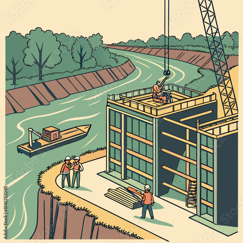 Construction site with workers building a structure next to a river