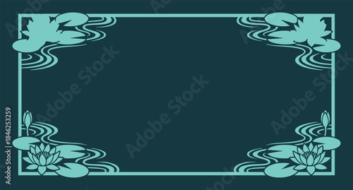 Elegant Water Lily Frame Teal, Floral Design with Aquatic Plants Border