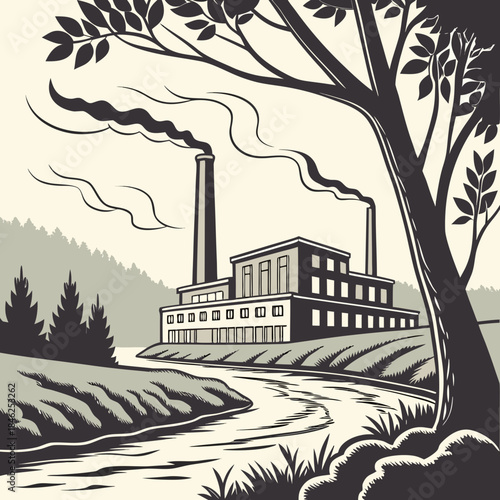 Industrial factory with smokestacks and river tree