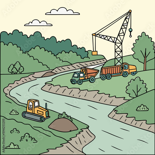 Cartoon construction site with crane and trucks by a river