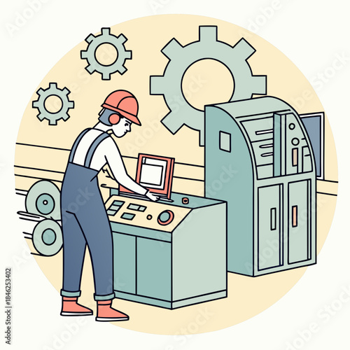 Worker operating industrial machine with computer control panel and large gear