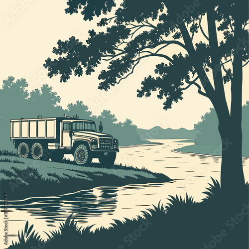 Truck parked by river with tree grass water