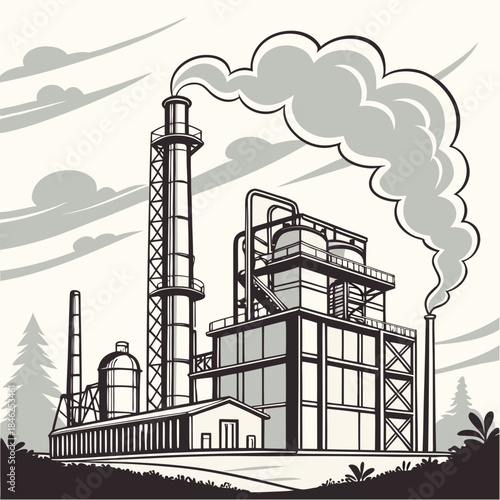 Industrial factory with smokestacks and smokestack emissions