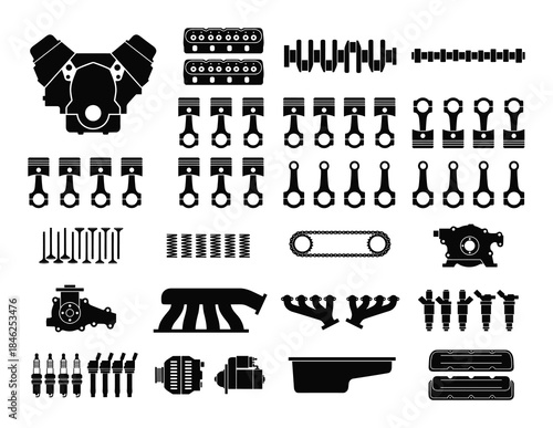 Engine Parts Silhouette Set V8 Motor Components Automotive Vector Graphics