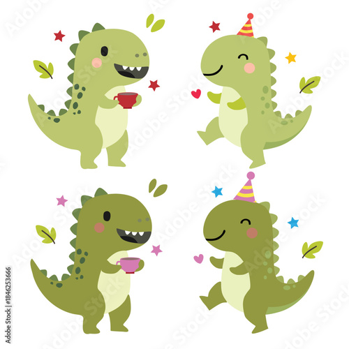 set of funny cartoon dinosaurus tea party