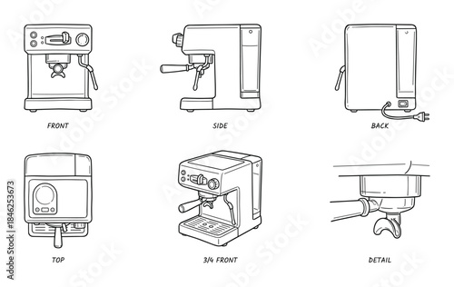 Espresso Machine Technical Drawing Six Views: Front, Side, Back, Top, 3/4 Front, and Detail
