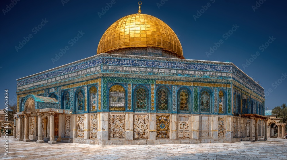 Obraz premium Ornate religious shrine featuring a prominent golden dome against a deep blue sky