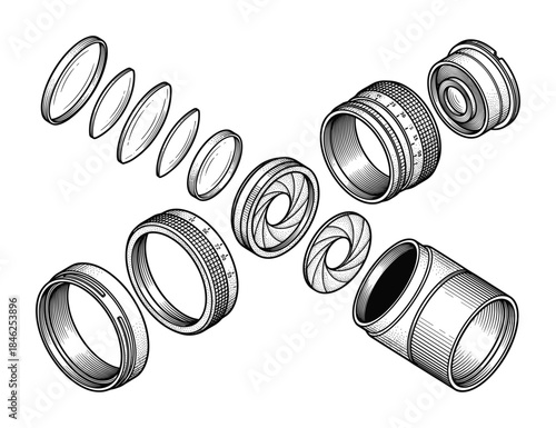 Exploded View Diagram of a Camera Lens Assembly with Optics and Components