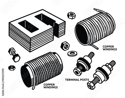 Exploded View of Transformer Components with Core, Windings and Terminal Posts