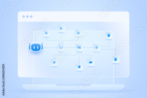 AI workflow automation artificial intelligence. ai agent workflow network diagram connecting automation data processing, cloud integration and automation system.