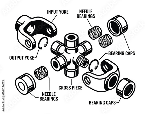 Exploded View Universal Joint Diagram with Cross Piece and Needle Bearings Illustration